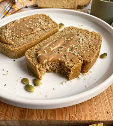 Two slices from our Tiger Nut Bread Recipe with Bhu Foods Tigernut Spread