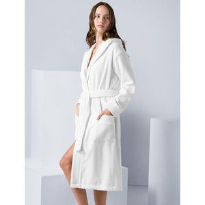 Women's White Turkish Cotton Hooded Terry Bathrobe - Hawkers Trading