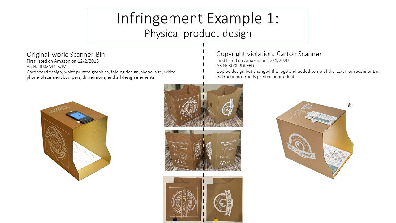 Carton Scanner is an illegal copy of Scanner Bin. This image displays one example of the copyright infringement - being the physical product design.