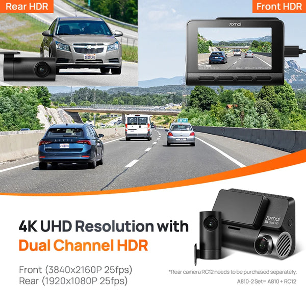 70mai A810 dashcam front & rear HDR video recording