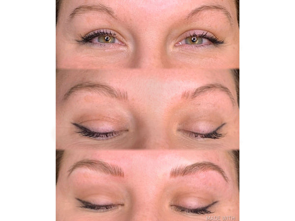 Closeup image of Stevi's eyebrows before and after microblading. Beautiful!