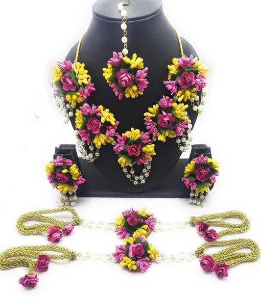 Pink Yellow flower jewellery for haldi and baby showerSaubhagyavati.in