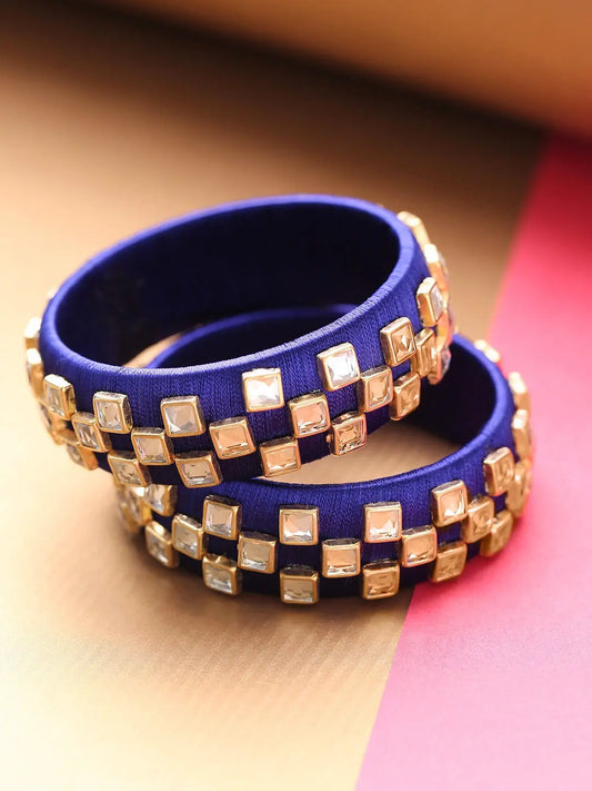 Set of 2 Navy Blue handcrafted silk thread bangles with kundan work