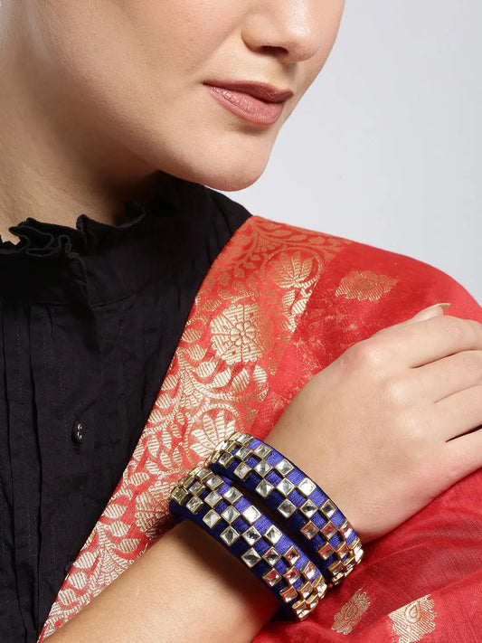 Set of 2 Navy Blue handcrafted silk thread bangles with kundan work