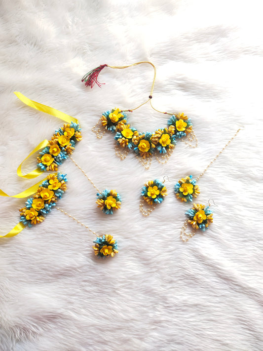 Sky Blue and Yellow Flower jewellery set for Haldi Ceremony