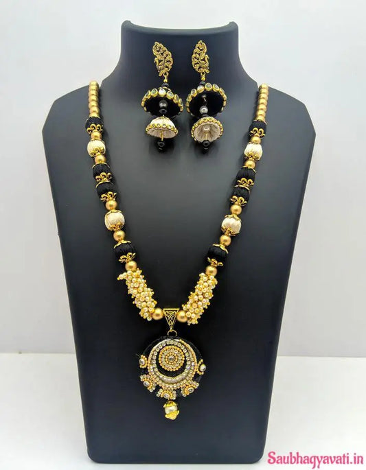 Gold and Black Color Silk Thread Necklace With Matching Peacock Earrings Saubhagyavati.in