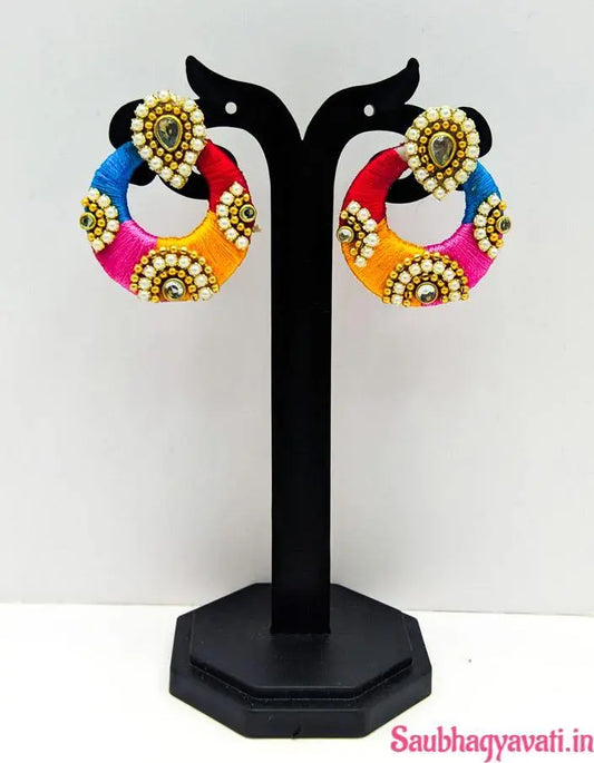 Multicolor Round Silk Thread Earring With Golden Stone Stude Saubhagyavati.in