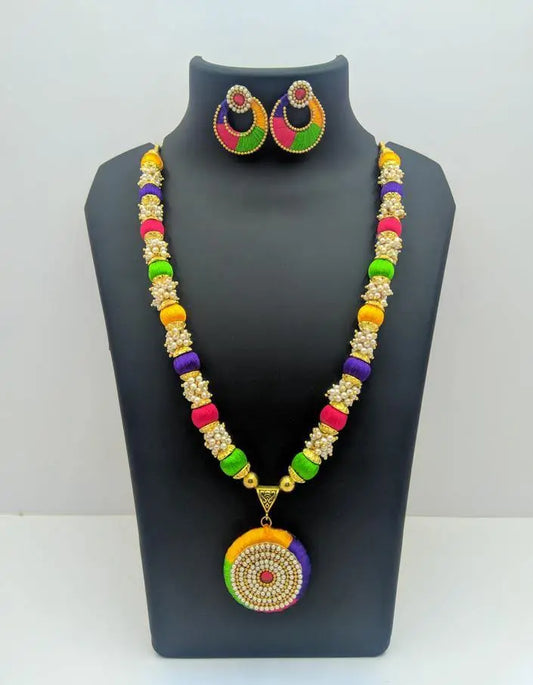 Multicolor Silk Thread Necklace with Loreal Pearl and Matching Earrings Saubhagyavati.in