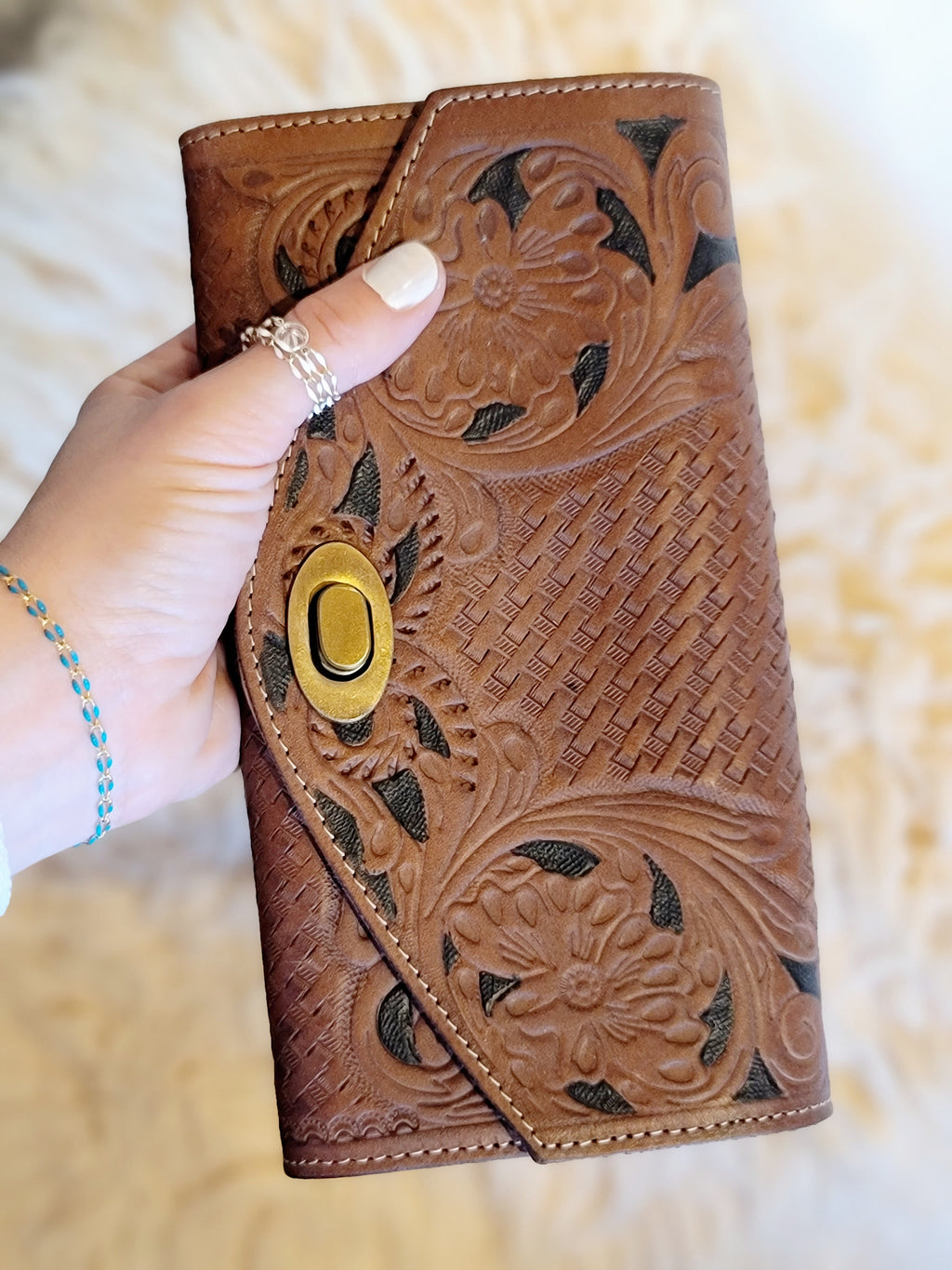 Hand tooled bead painted leather wallet – Five Diamond Cattle & Company