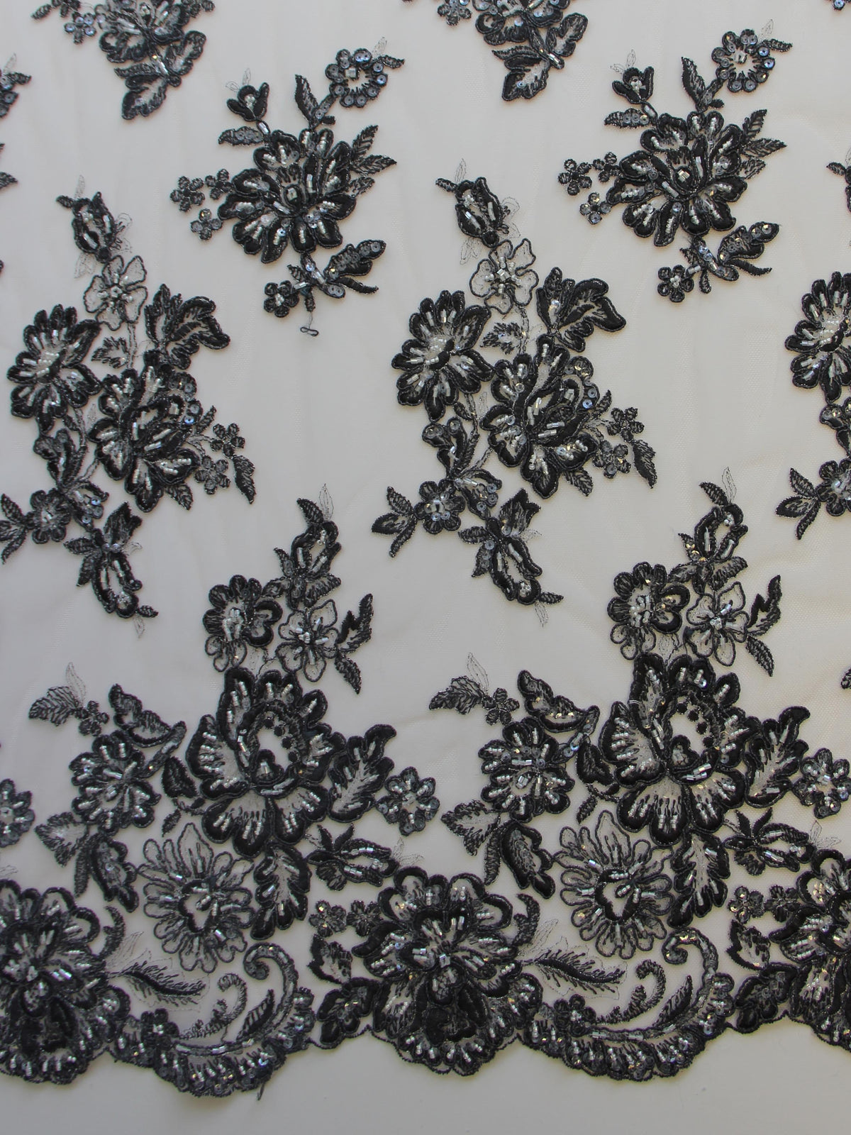 Victorian Design Corded Lace - Black - Fabric by the Yard
