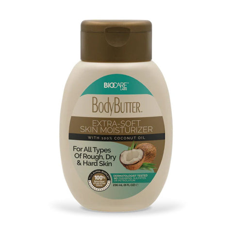 Bottle of body butter with coconut oil and shea butter.