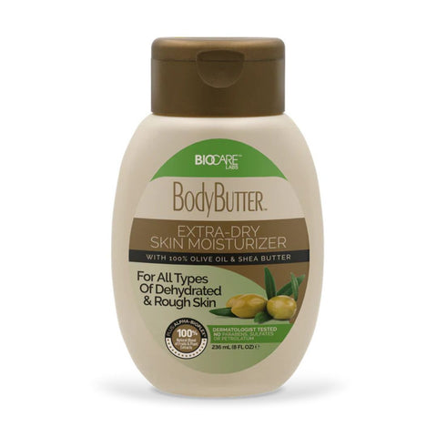 Bottle of body butter with olive oil and shea butter