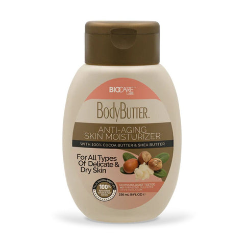 Bottle of body butter with cocoa butter and shea butter.