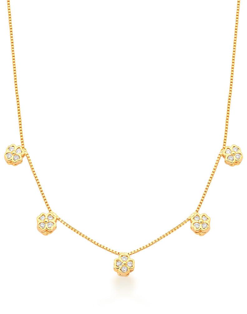 Choker in 18k gold filled with 5 flower-shaped and zirconias pendants. - FiloAuro
