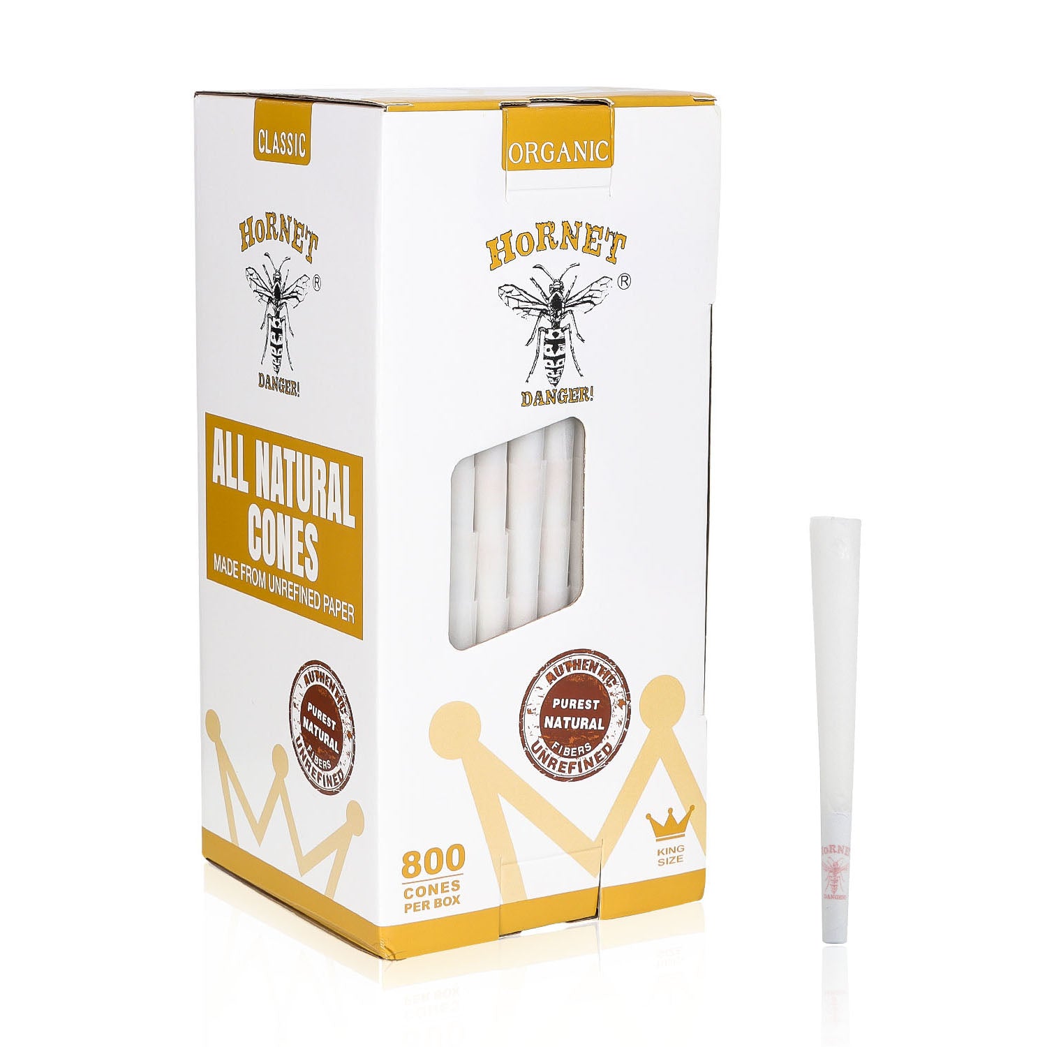 HORNET King Size White Pre Rolled Cones, Organic Pre Rolled Rolling Paper With Tips, Slow Burning Pre Rolled Cones, 800 PCS / Box