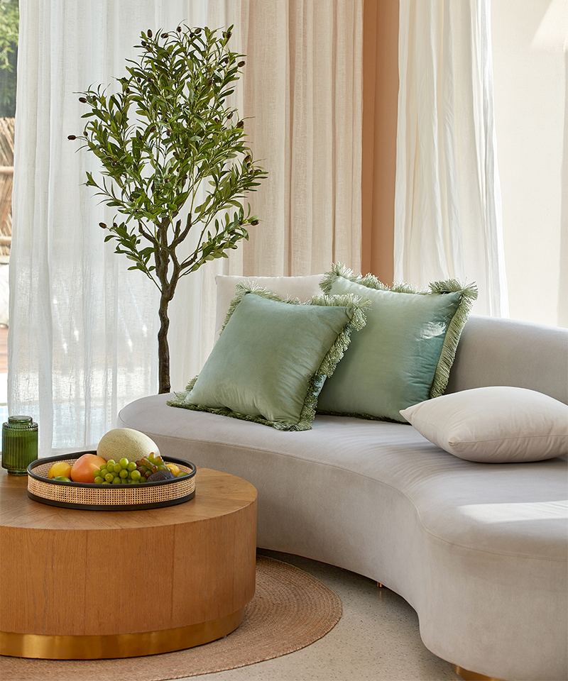 Green throw pillow on sofa next to olive tree