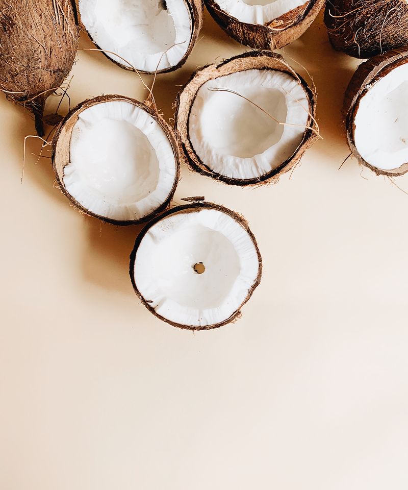 Close-up close of halved coconuts