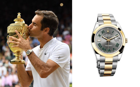 Rodger Federer winning at Wimbledon while wearing his Rolex Datejust 