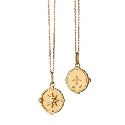 yellow gold round compass charm with diamond