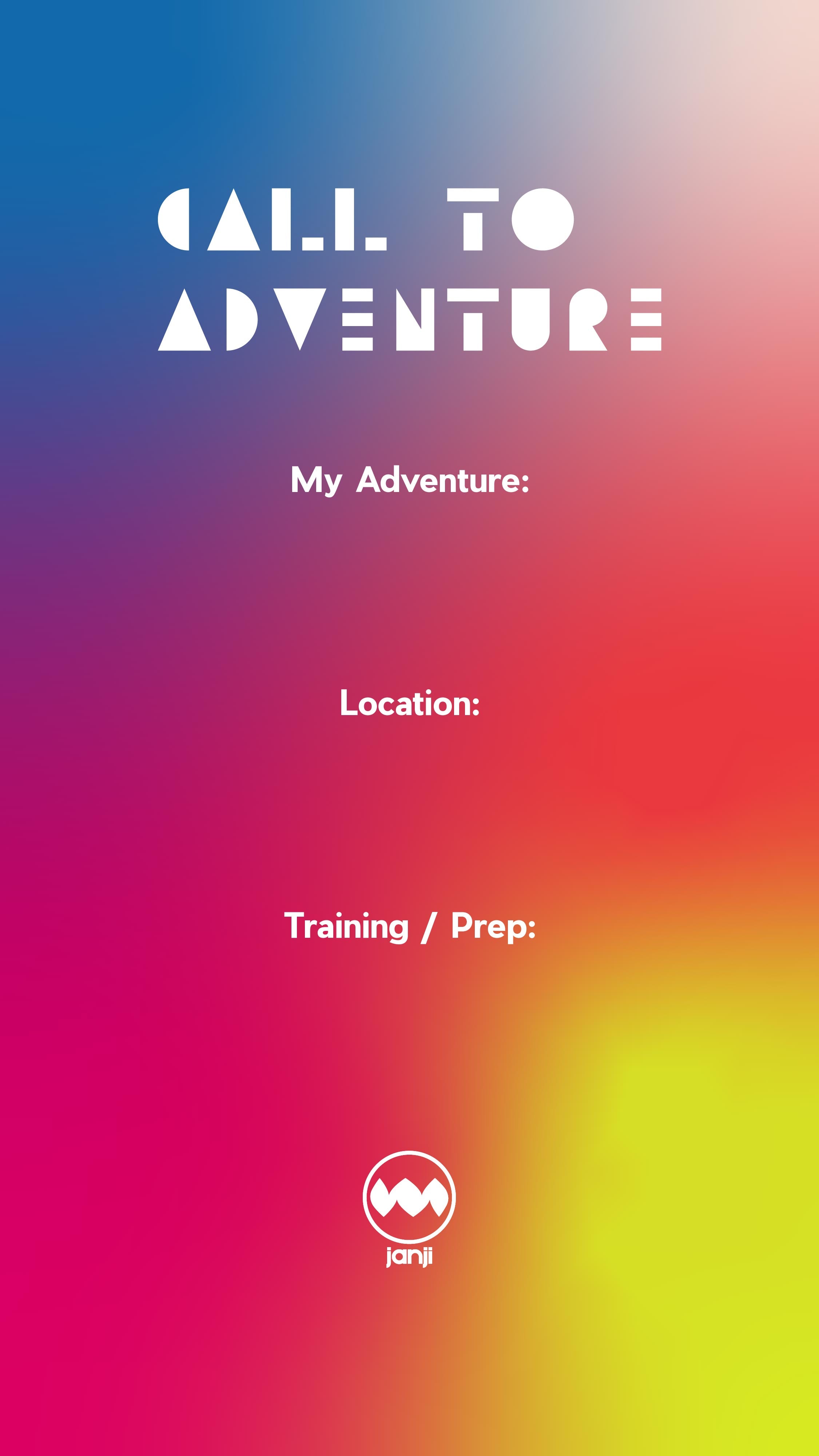 Template for social media with a gradient background and three categories; My Adventure, Location, Training/Prep