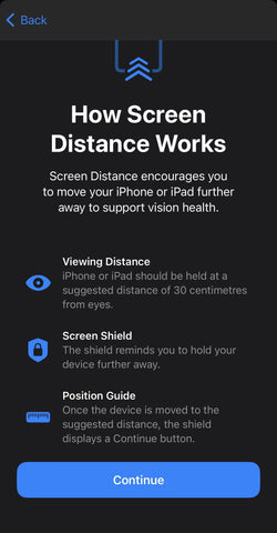 Apple iOS screen distance settings switch on