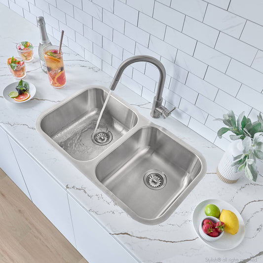 Stylish S-321XG 32 inch Slim Low Divider Double Bowl Undermount Stainless Steel Kitchen Sink