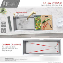 Load image into Gallery viewer, STYLISH Versa45 45&quot; x 19&quot; Ledge Workstation Single Bowl Undermount 16 Gauge Stainless Steel Kitchen Sink with Built in Accessories S-615W
