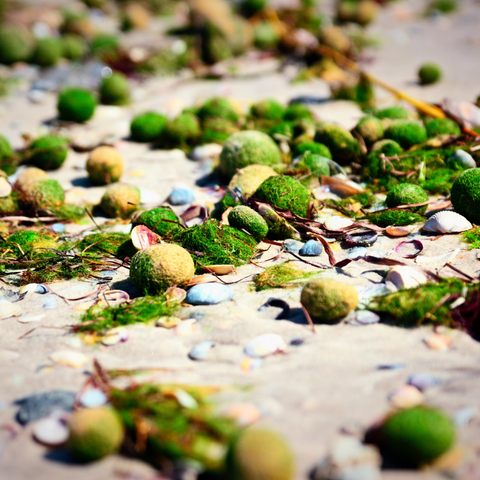 moss balls on beach