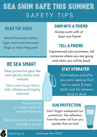 Bearhug:  Top safety sips for swimming safely this summer  Read the Signs: Read the beach safety signs and swim between flags or near lifeguards Swim with a Friend: Casual swimmers, always swim with at least one friend  Tell a Friend: Experienced solo swimmers, tell someone where you are going and when you will be back Be Sea Smart: Wear protective gear like swim gloves, boots, hats, wetsuits. Use a swim buoy that is fully inflated and brightly coloured Stay Hydrated: Drink before and after you swim, replace fluid lost to sweat & heat. Don't wait for extreme thirst to drink Cold Water: Avoid staying in colder water for extended periods. Know your limits, you have nothing to prove! Sun Protection: Don't forget waterproof sun protection. The reflection from the water will burn you quicker than on land