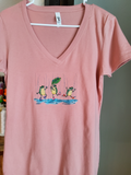 Custom Embroidered V Neck "Dancing Frogs" Tee