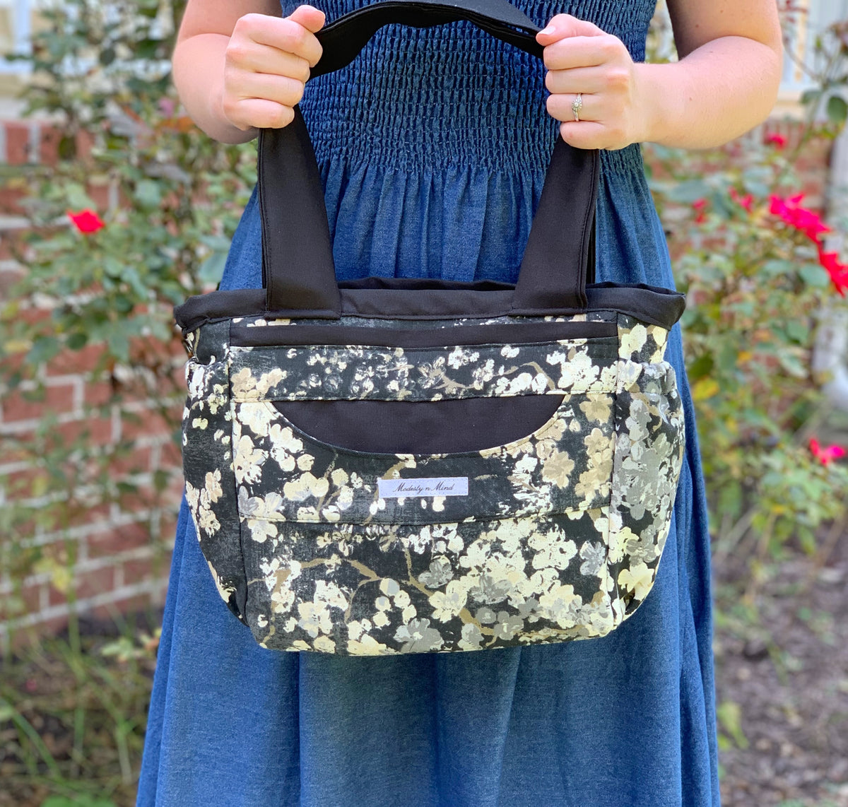 Beige Gray Black Floral Small Tote Bag