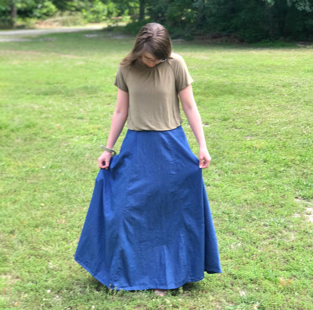 Modest Outfit featuring Lightweight Denim Maxi length Evelyn Style Skirt and a custom sewn shirt