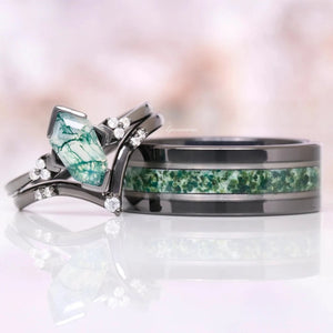 Hexagon Coffin Green Moss Agate Couples Ring Set - Aquamarise