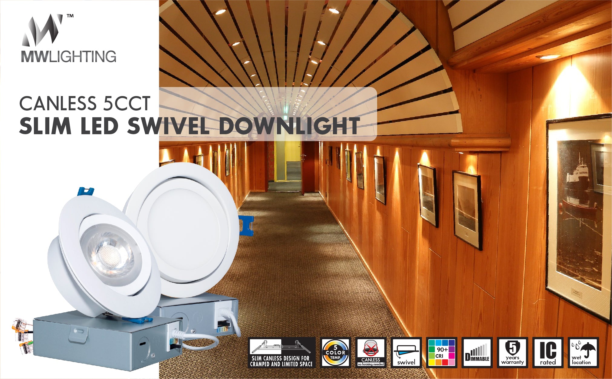 MW Lighting 6 Inch Canless Slim 5CCT LED Swivel Recessed Light