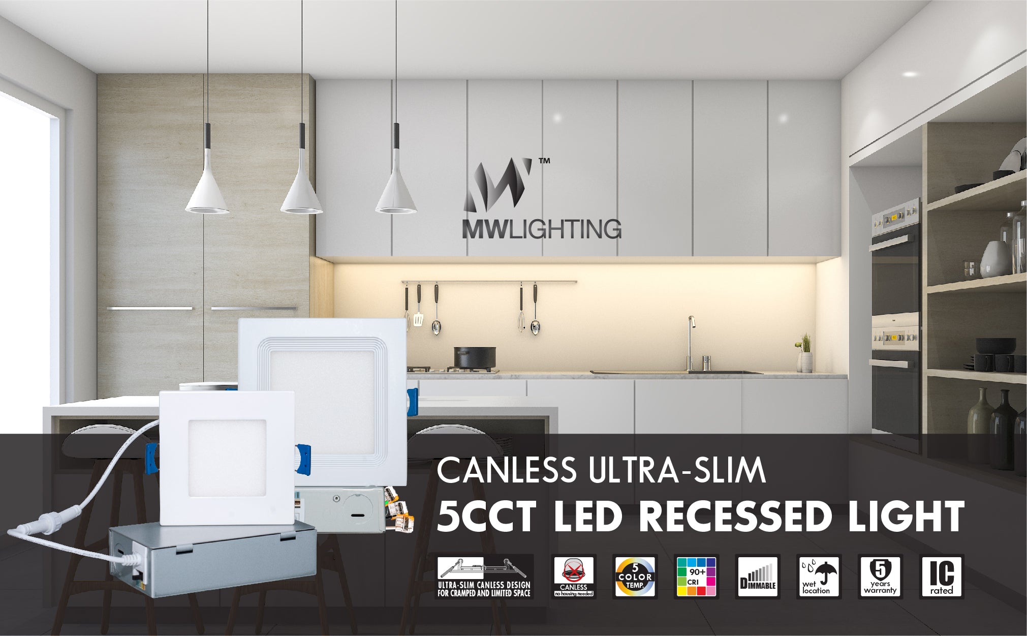 MW Lighting 3 Inch Canless Ultra-Slim 5CCT Square LED Recessed Light with Baffle Trim