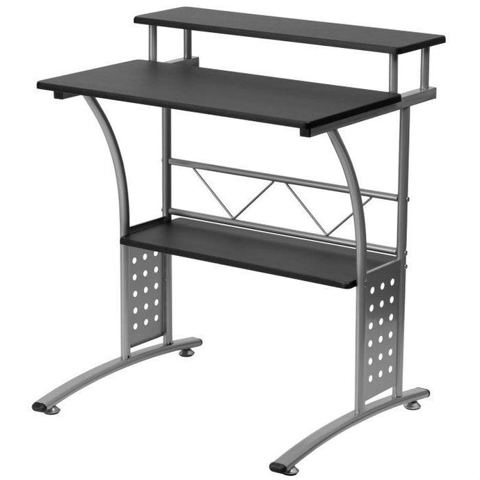 Modern Metal Frame Computer Desk with Black Laminate Top and Raised Shelf