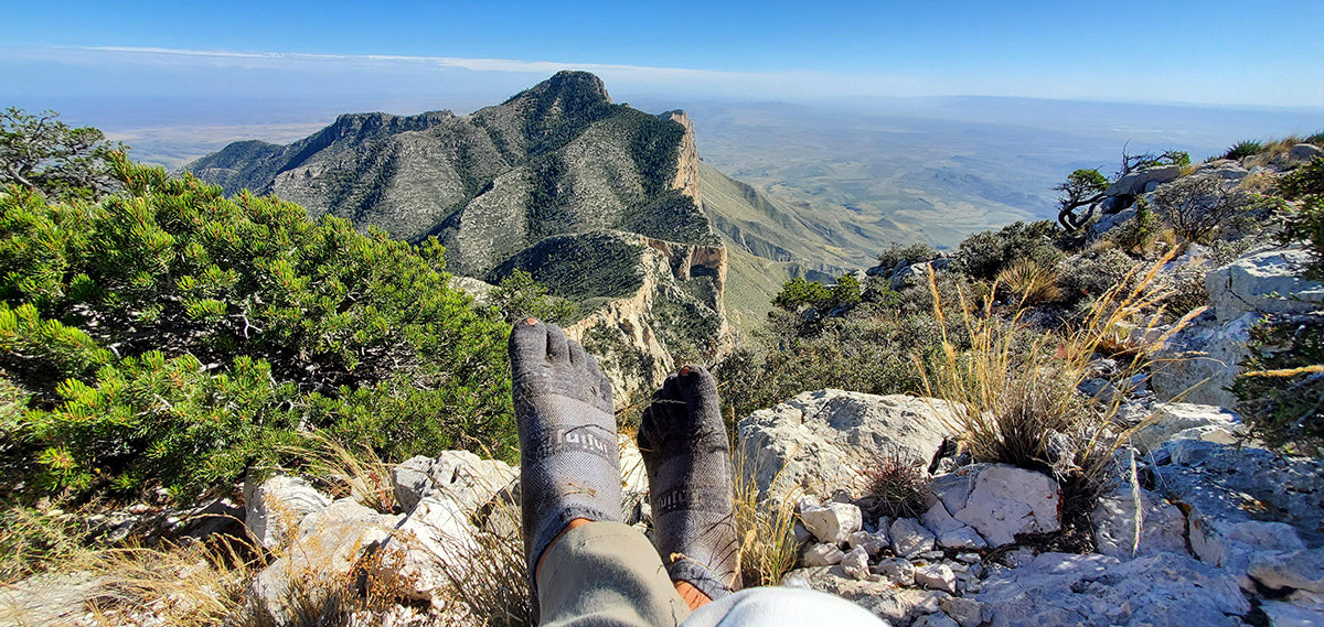 The Injinji NuWool socks out in the wild; facing the seldom seen Southside of the Guadalupe Peak. (October, 2021)