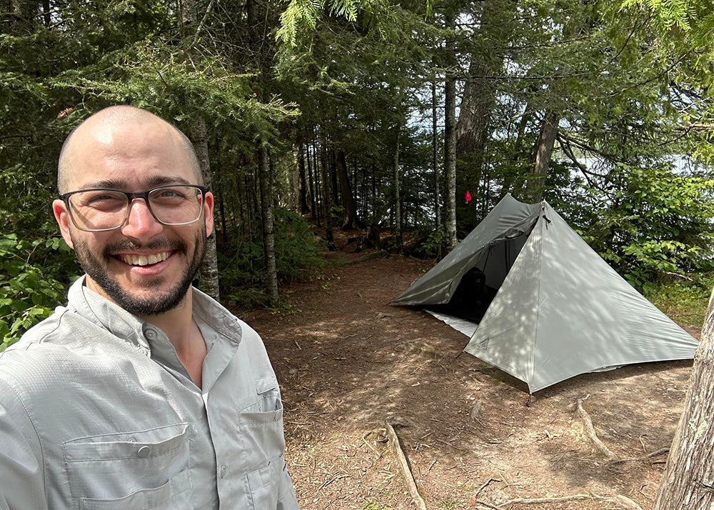 Cam with his Durston tent in the background outside