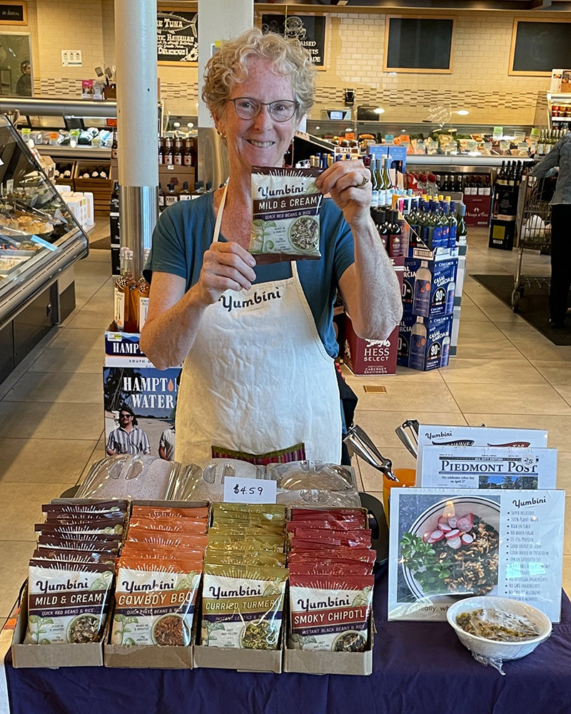 yumbini founder Jan with her creations in a grocery store