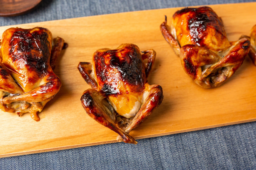 Close up of glazed quails. 