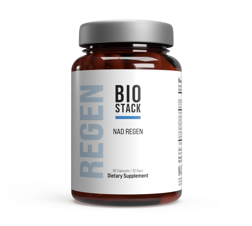 Bio Stack NAD Regen dietary supplement bottle with 60 capsules.