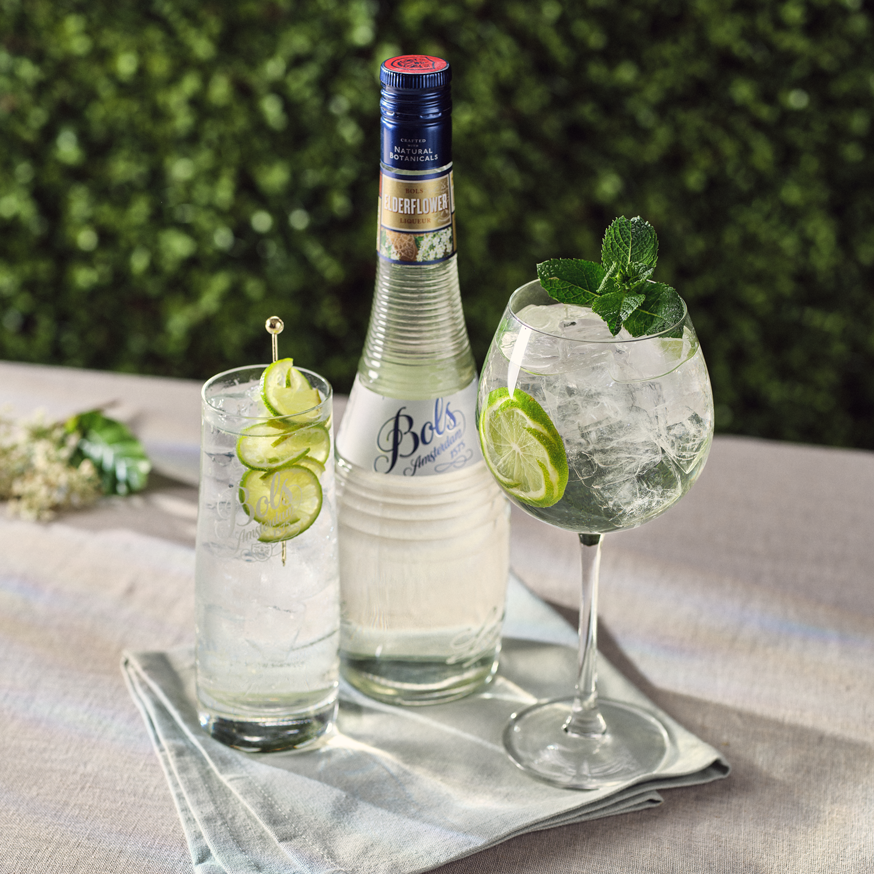 Bols Elderflower liqueur with Elderflower Spritz, Hugo Spritz, and Elderflower Tonic