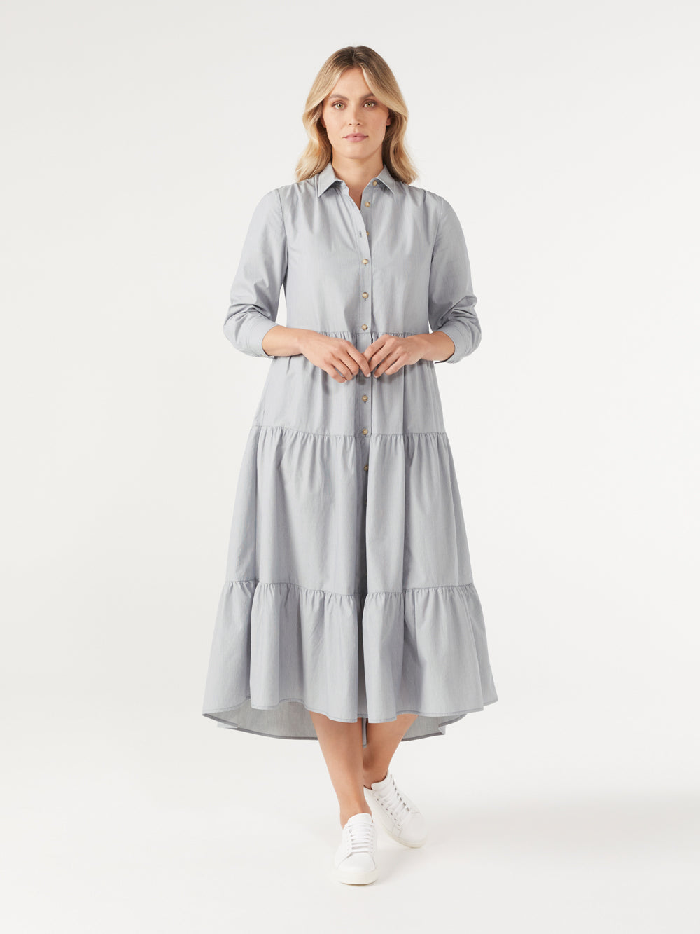 The Micro-Stripe Cotton Tiered Shirt Dress