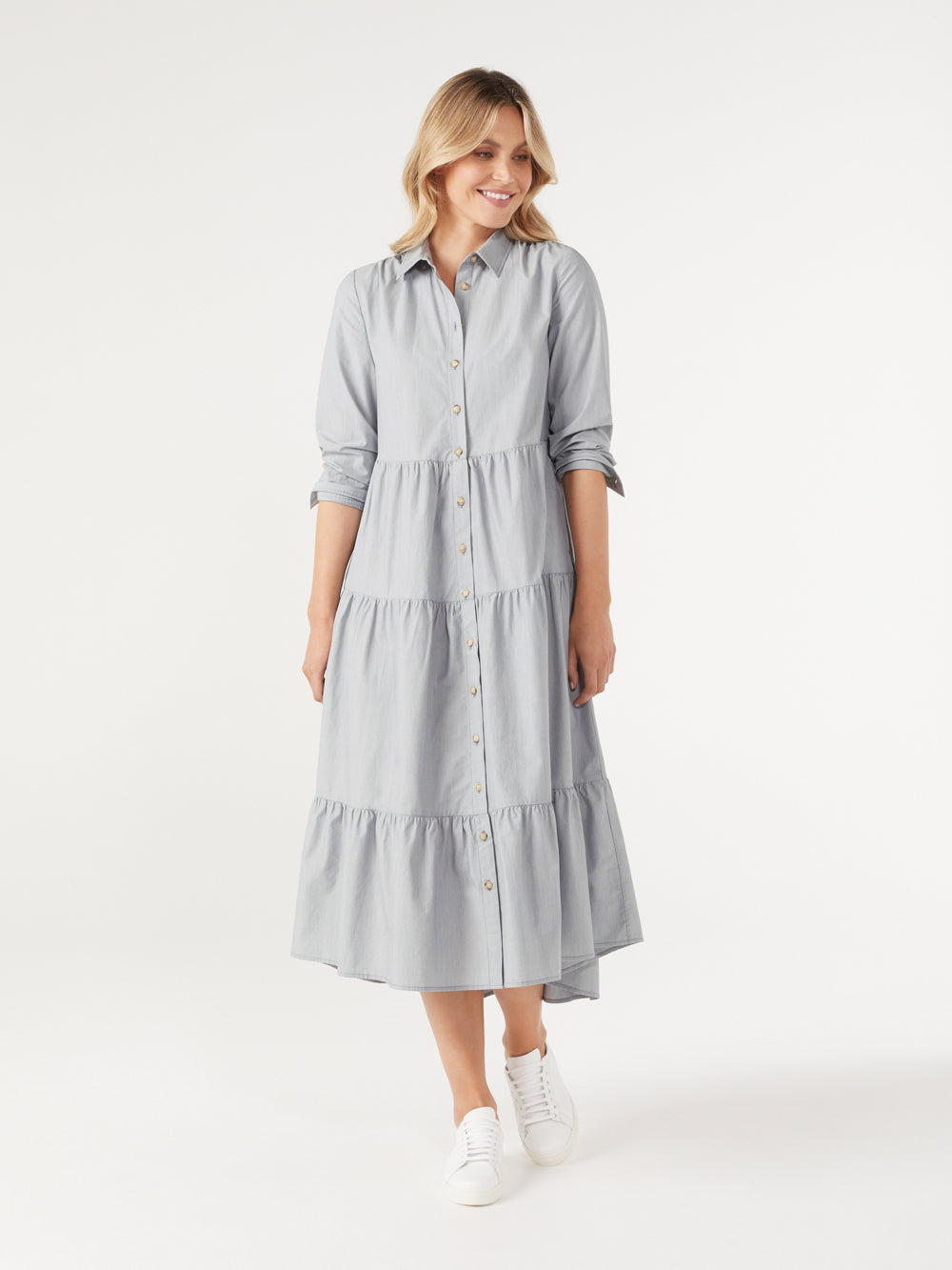 The Micro-Stripe Cotton Tiered Shirt Dress