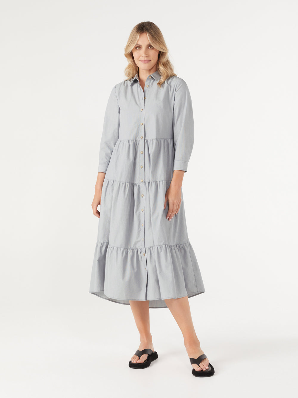 The Micro-Stripe Cotton Tiered Shirt Dress