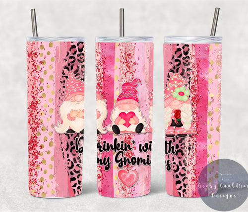 Custom tumbler with lid and straw, Gnome Valentine tumbler, 20 oz tumbler,  Stainless steel tumbler, Pink Gnome Insulated tumbler.