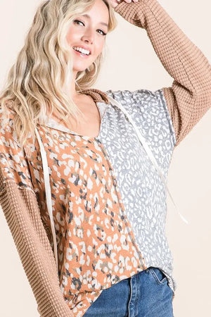 BiBi Popcorn Waffle Knit Hoodie with Print Block Front - BE YOU Boutique