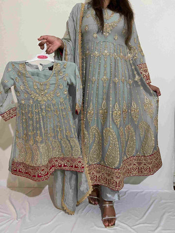 Shazaib Embroidered Chiffon Mother & Daughter Ready to Wear Dress Grey Nas-540