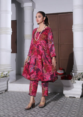 2 PIECE FLORAL PRINTED STONE LINEN LADIES CO-ORDS FROCK