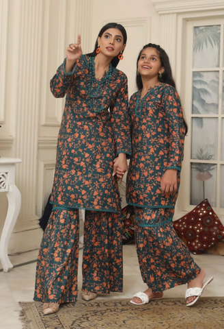 2 PC SHARARA MOTHER & DAUGHTER CO-ORD PRINT LAWN READY TO WEAR COLLECTION